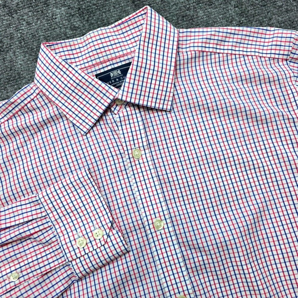 Hawes & Curtis Mens Slim Fit Tattersall Check Dress Shirt 15 35 Red Blue Cotton